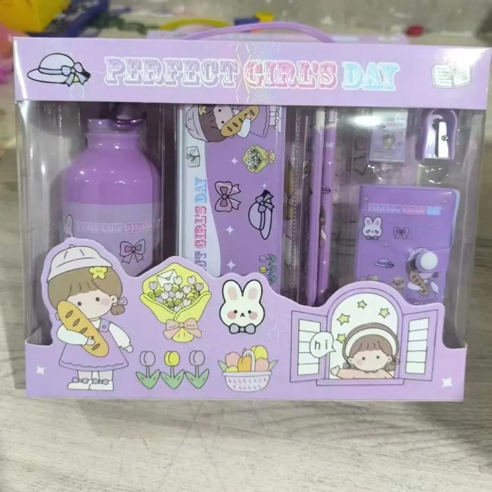 Pencil Eraser 8 in 1 Stationery Set Pencil Sharpener Ruler Notebook Students Prize Set Kawaii Water Bottle