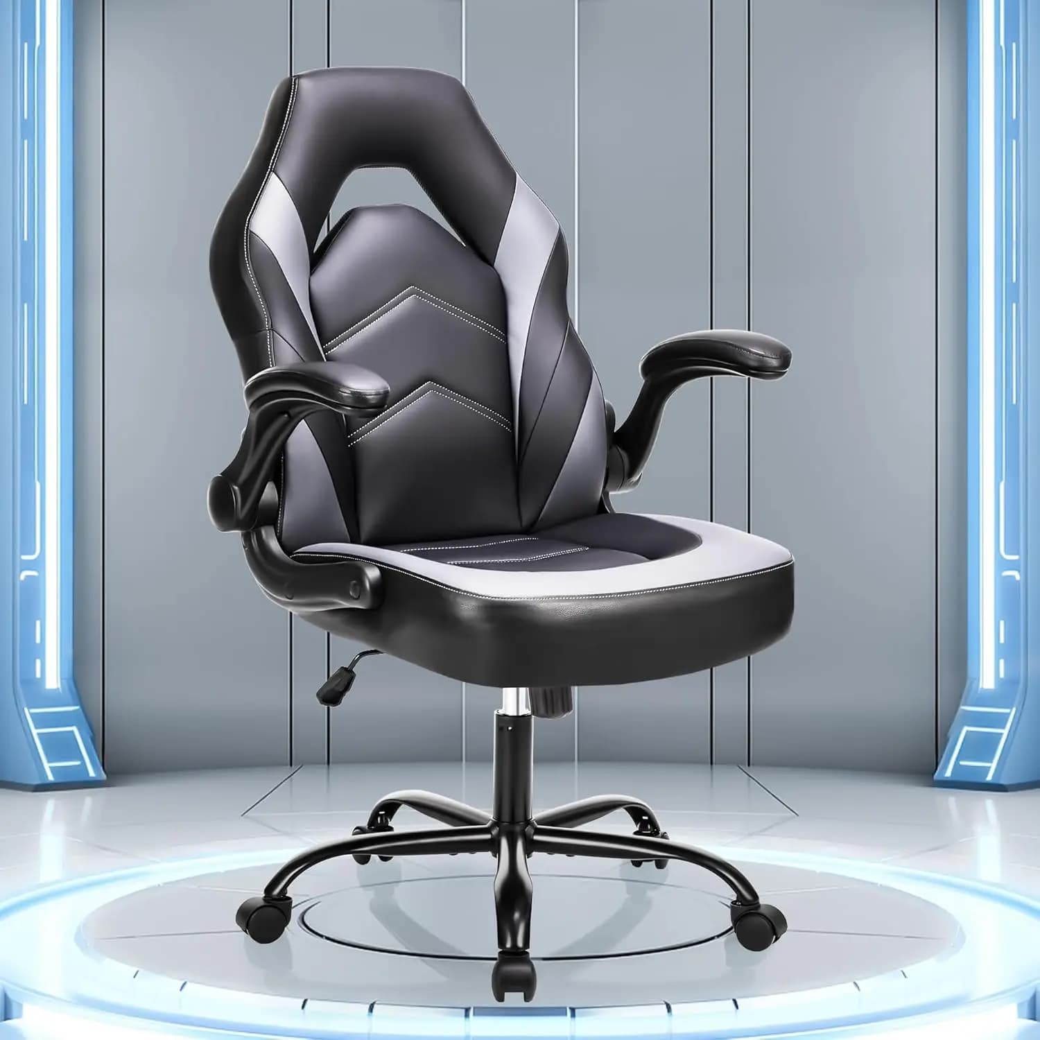 Sedia da Ufficio Grande e Alta in Pelle per Gaming e Computer con Braccioli Girevoli Regolabili e Ribaltabili per Adulti e Adolescenti, Grigia