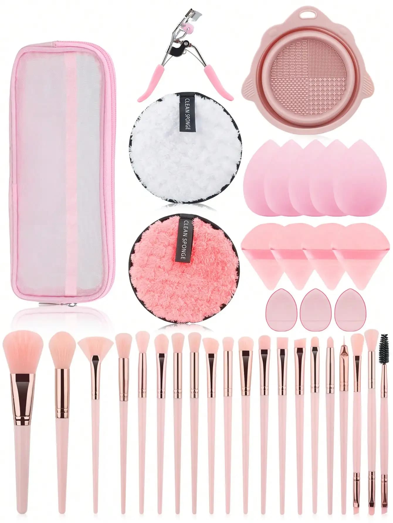 37-piece makeup tool set, including 20 makeup brushes, a brush cleaning pouch, and a variety of makeup sponges
