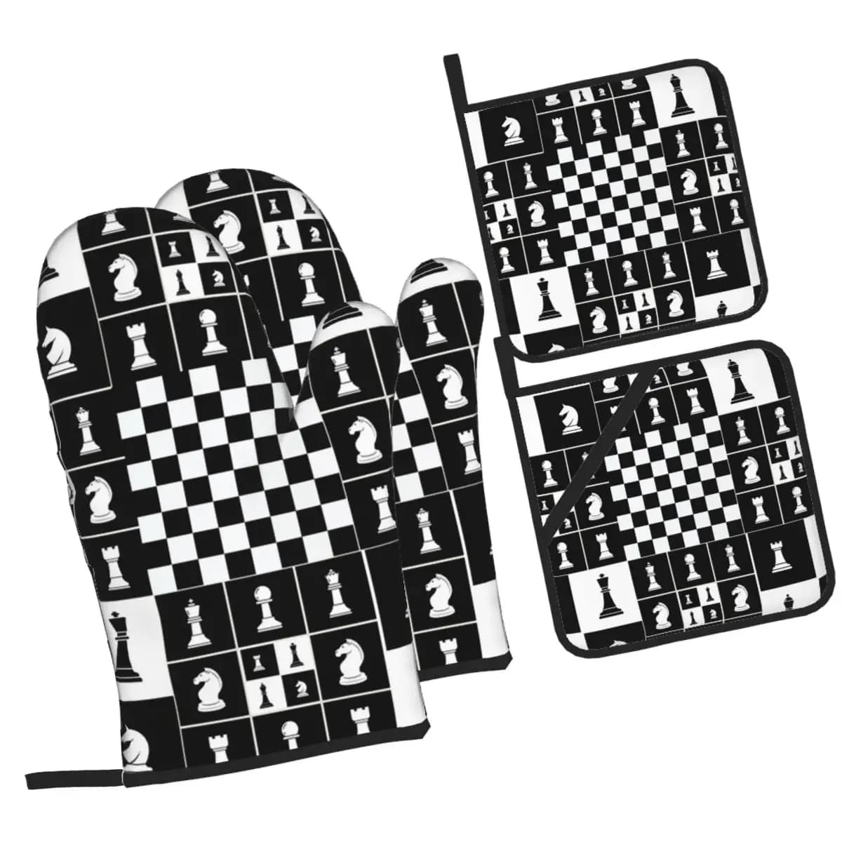 Chess Pieces On Board Chessboard Oven Mitts and Pot Holder Sets of 4 for Baking Cooking Grilling Resistant Non-Slip Gloves