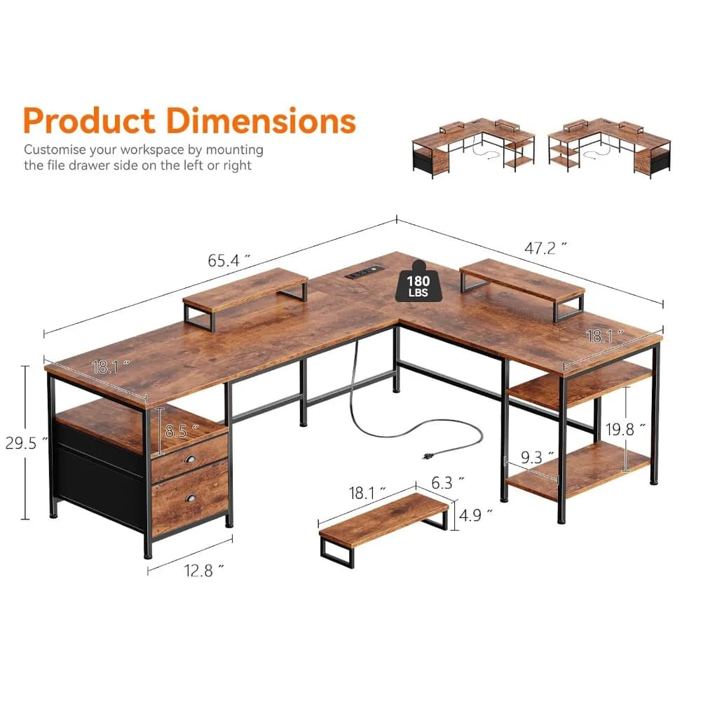 66'' Reversible L Shaped Desk with Power Outlet&File Drawer&2 Monitor Stands&Storage, Home Office, Custom