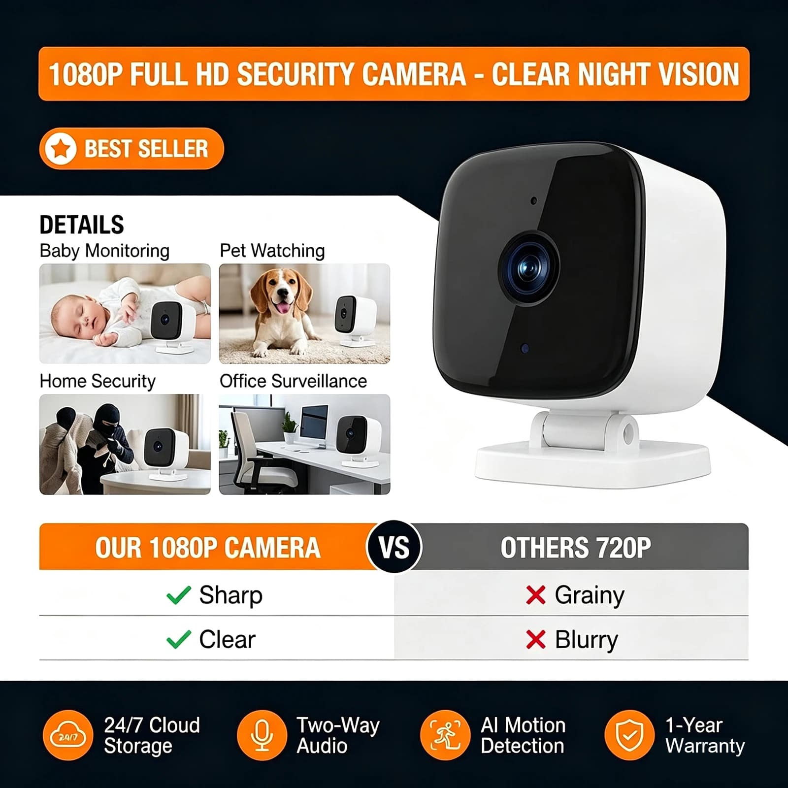 720P Indoor WiFi Camera Night Vision Motion Detection Two-Way Audio Memory Card H.264 Remote Home Baby Pet Monitor