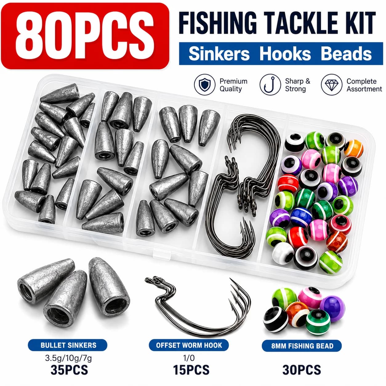 80PCS Texas Rig Fishing Tackle Kit Bullet Weights Eye Beads Offset Hooks Bass Perch Fishing Accessories Storage Box