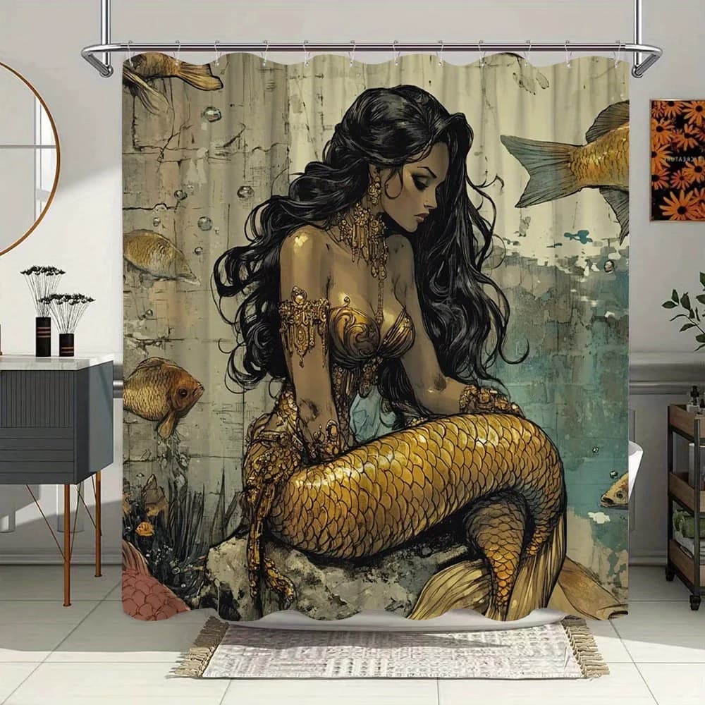 Bathroom Curtains Shower Curtains Fantasy Mermaid Polyester Shower Curtain,Water-Resistant Woven Fabric with Golden Fish and