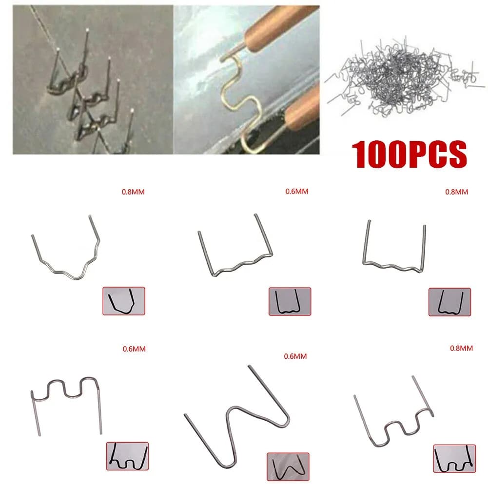 100pc Pistola Sparachiodi per Saldatura Chiodi Cucitrice a Caldo Graffette 0.8/0.6mm Per Saldatore di Plastica Macchina di Saldatura a Caldo Saldatura Paraurti Kit di Riparazione Auto