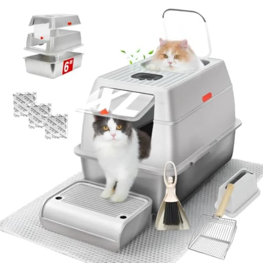 XL Stainless Steel Litter Box with Lid, Fully Enclosed 6 Deep Metal Cat Litter Box, Leak-Proof, Clumping Litter for Large, Mult