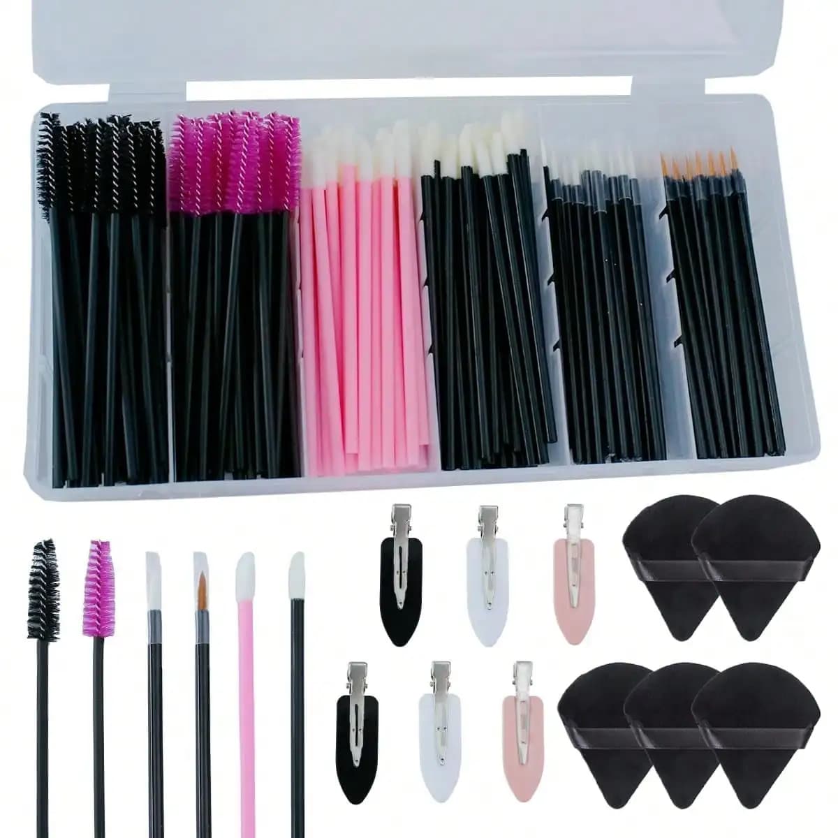 Kit di applicatori per trucco usa e getta da 201 pezzi con 80 applicatori per mascara, 80 applicatori labbra usa e getta, 30 pennelli per eyeliner, 5 spugnette triangolari e 6 forcine per capelli per forniture per truccatori.