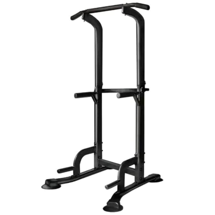 Home gym pull-up bar station with steel frame, black finish, 3D backrest support and adjustable height dip bars for versatile s