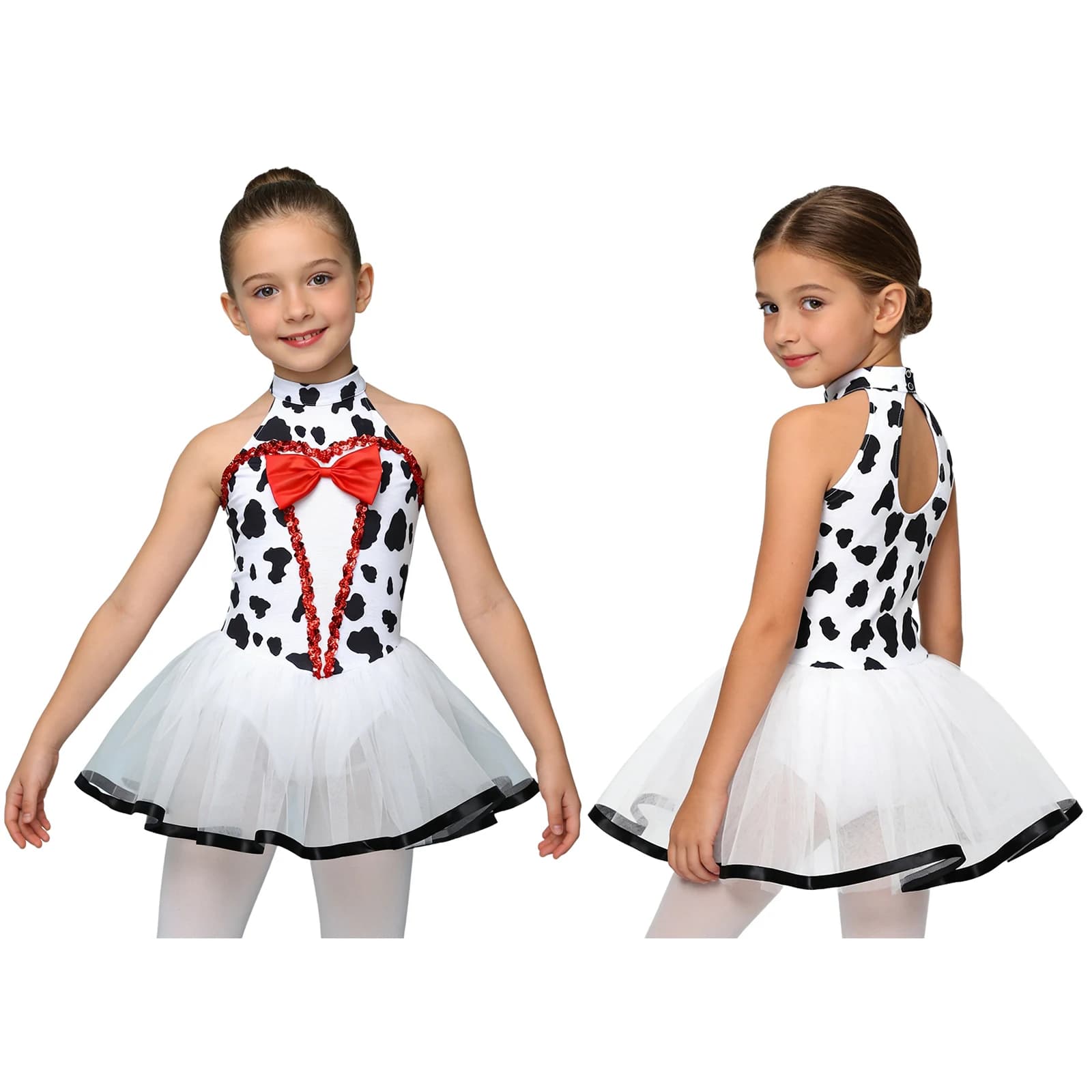 Costume da Ballo per Bambine, Abito da Carnevale Dalmatino, Senza Maniche con Paillettes e Rete, per Pattinaggio Artistico e Ginnastica
