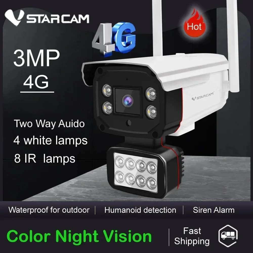 Telecamera di sicurezza Vstarcam 3MP 4G per esterni con rilevamento fumo, interfono, visione notturna e rilevamento movimento, telecamera IP.