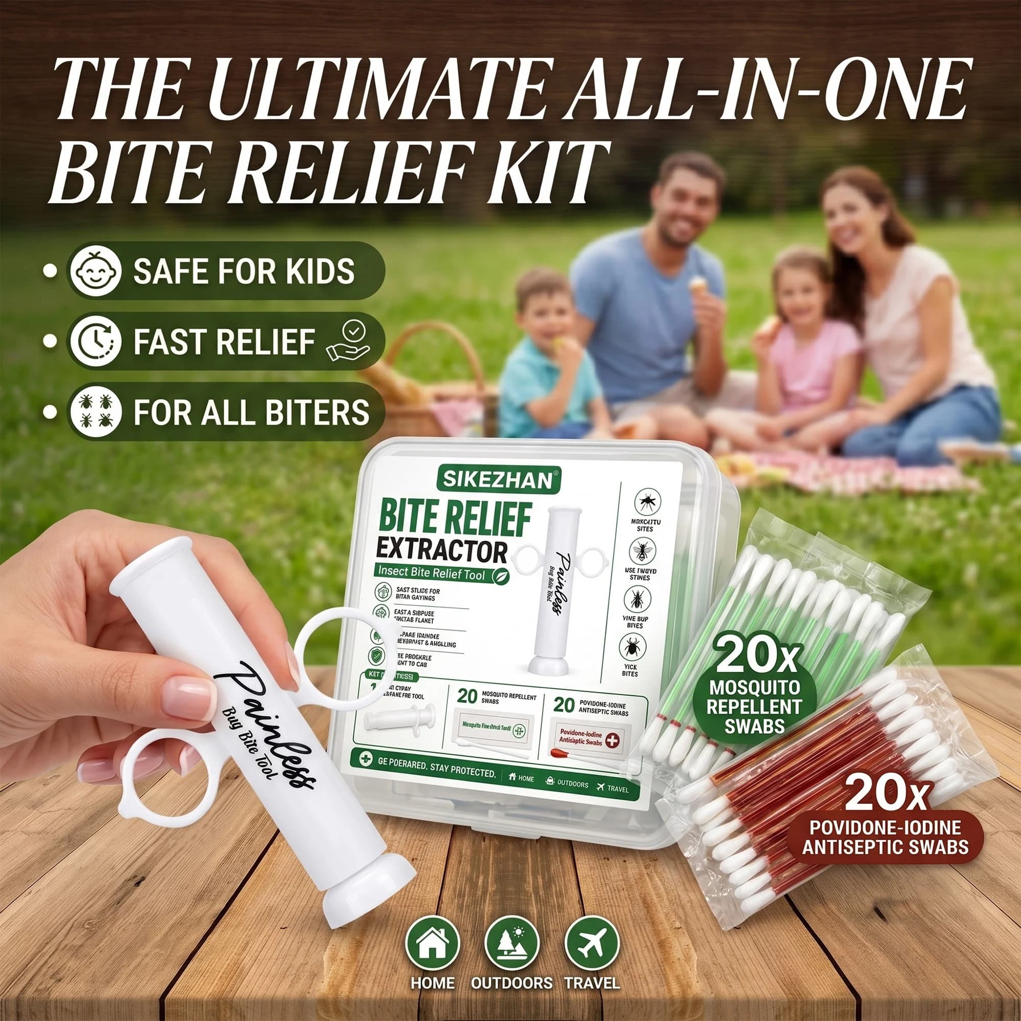 Bug Bite Relief Kit Suction Tool Extractor Pump with Antiseptic Swabs, Portable First Aid Set for Kids Family Outdoor Camping