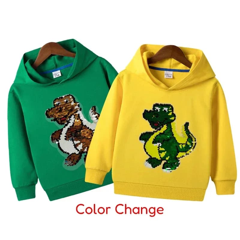 Felpa con cappuccio dinosauro Felpa reversibile con paillettes autunnali Abbigliamento per bambini Maglione per ragazzi Camicia a maniche lunghe dt'99