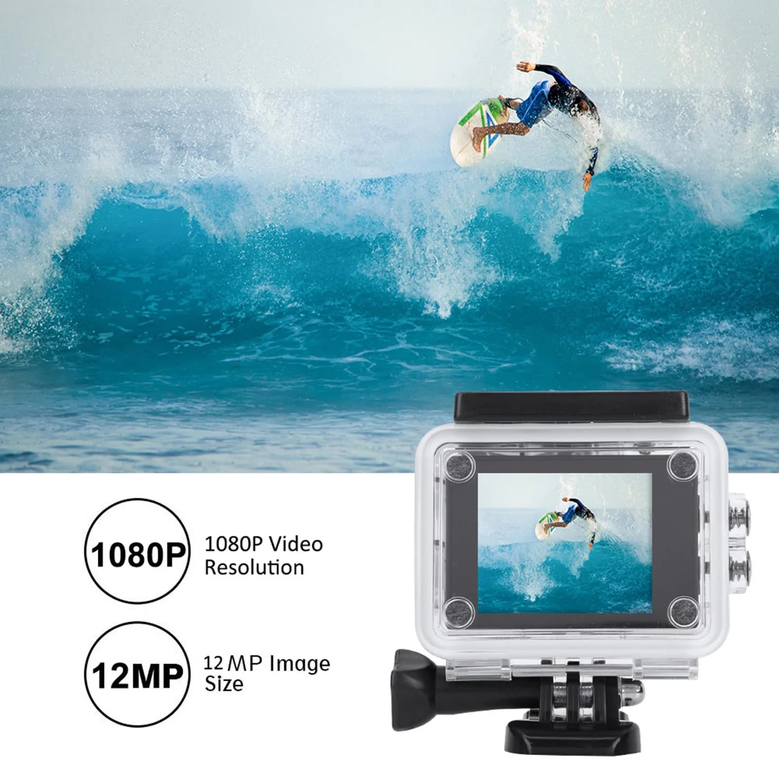 Video Camera Sportiva HD 1080P with LCD Screen 2 Inch, Waterproof up to 30m, Set with Battery, Underwater Camera with LCD Screen
