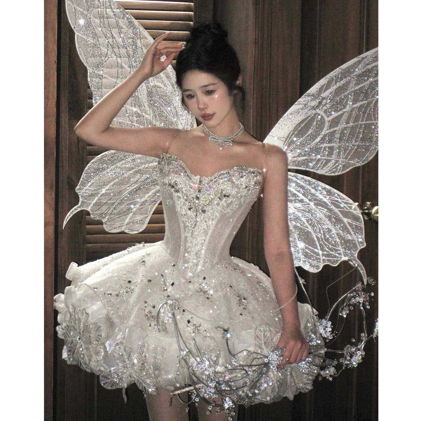 Sparkling Short Prom Dress (No Wing) Ball Gowns Layers Organza with Sequins Beads Crystal Lace-up Back Party Dress Real Pictures