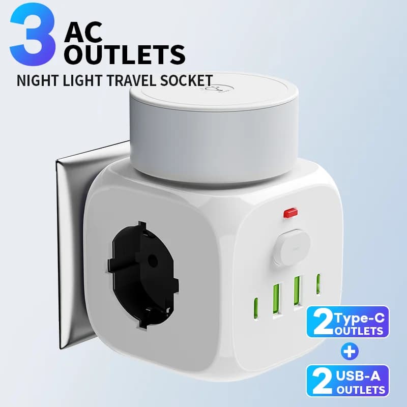 EU Plug socket power strip outlet wall socket power outlet power socket adapter electrical outlet Three speed LED night light