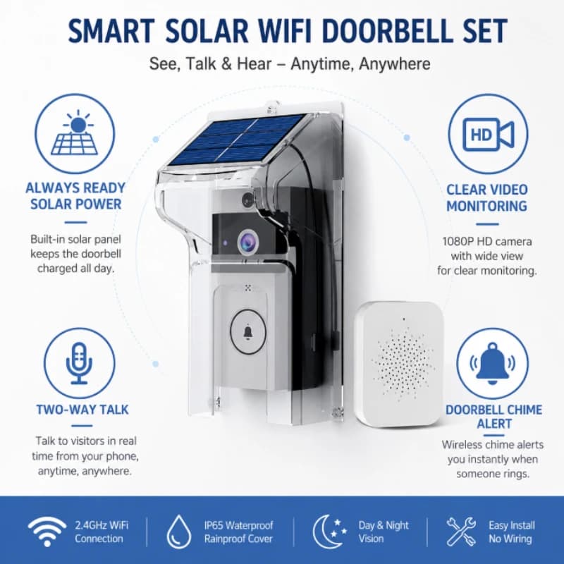 Wireless Smart Video Doorbell Kit Transparent Waterproof Protective Shell Solar Rechargeable Home Door Security Intercom