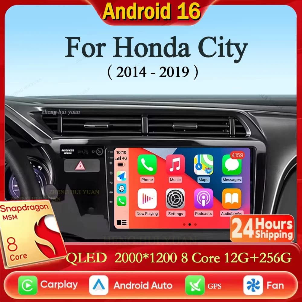 for Honda City 2014 2015 2016 2017 2018 2019 Android 16 Qualcomm Car Radio GPS Navi QLED Screen Car Player WIFI BT 4G Head Unit