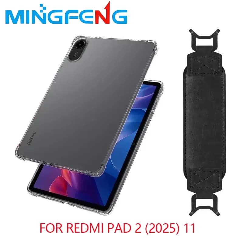 Custodia posteriore antiurto in TPU trasparente per tablet PC da 11 pollici 2 in 1 per Redmi Pad 2 (2025) + cinturino da polso di sicurezza (nero)