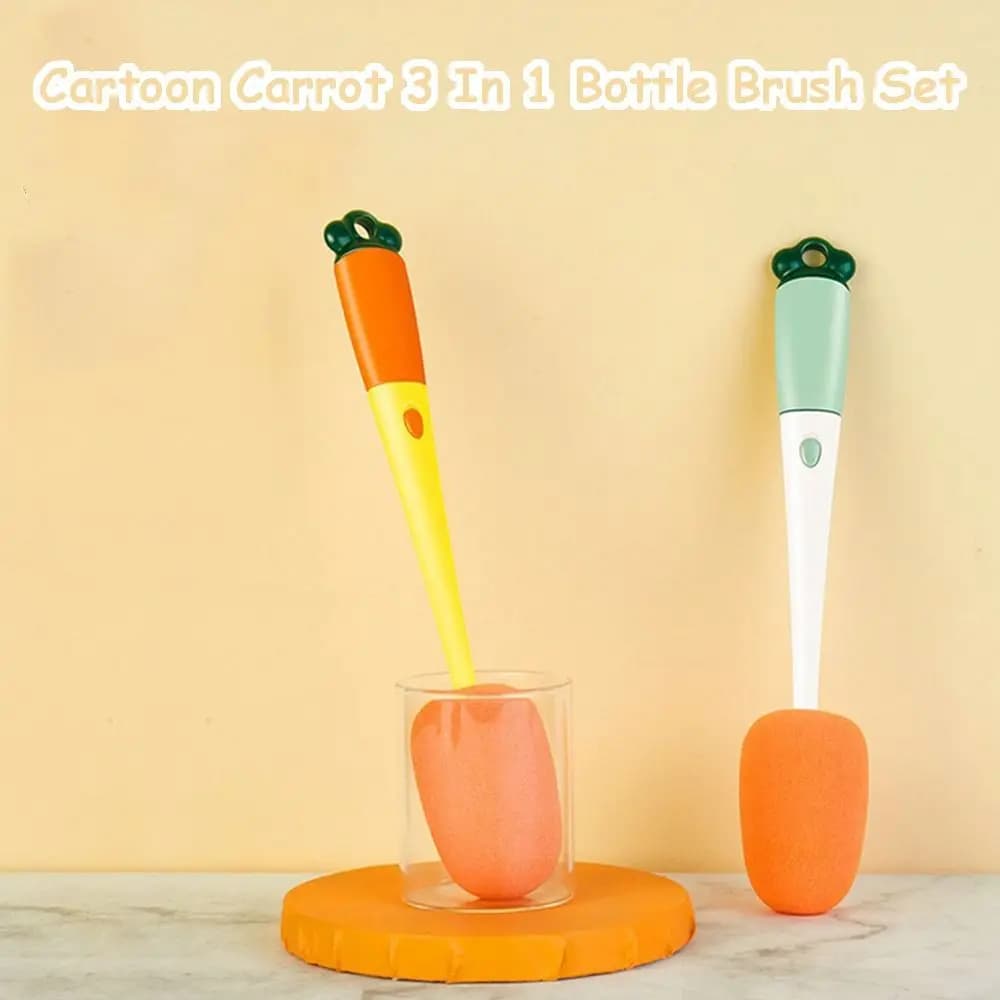 Set di spazzole per la pulizia di biberon e tettarelle 3 in 1 a forma di carota, strumento per la pulizia di tazze e biberon, set di spazzole per la pulizia di biberon