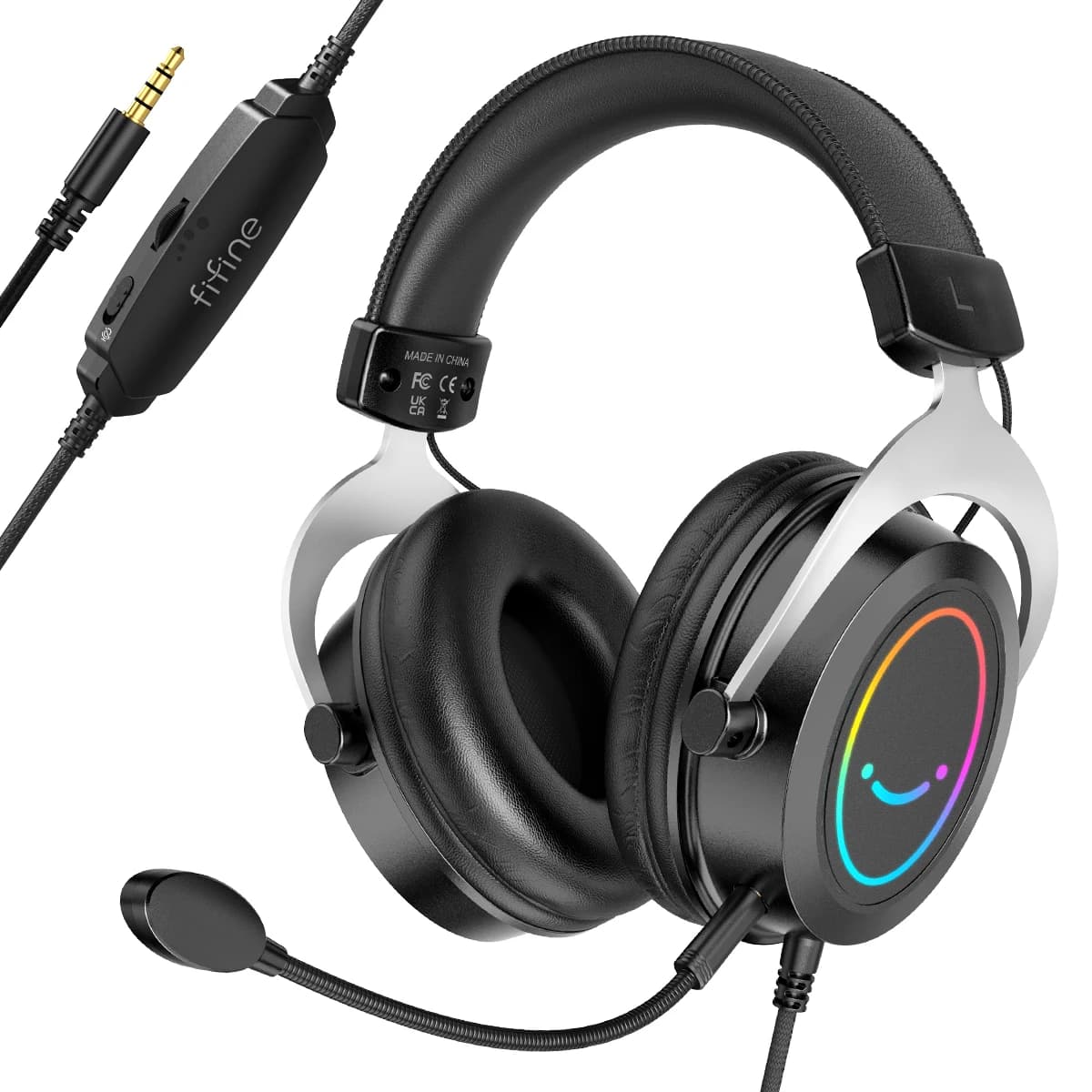 FIFINE RGB gaming headphones with detachable line/microphone control, 3.5mm Over-ear headphones for PC,PS4/5,Switch,Xbox, Mobile H3 amplifier