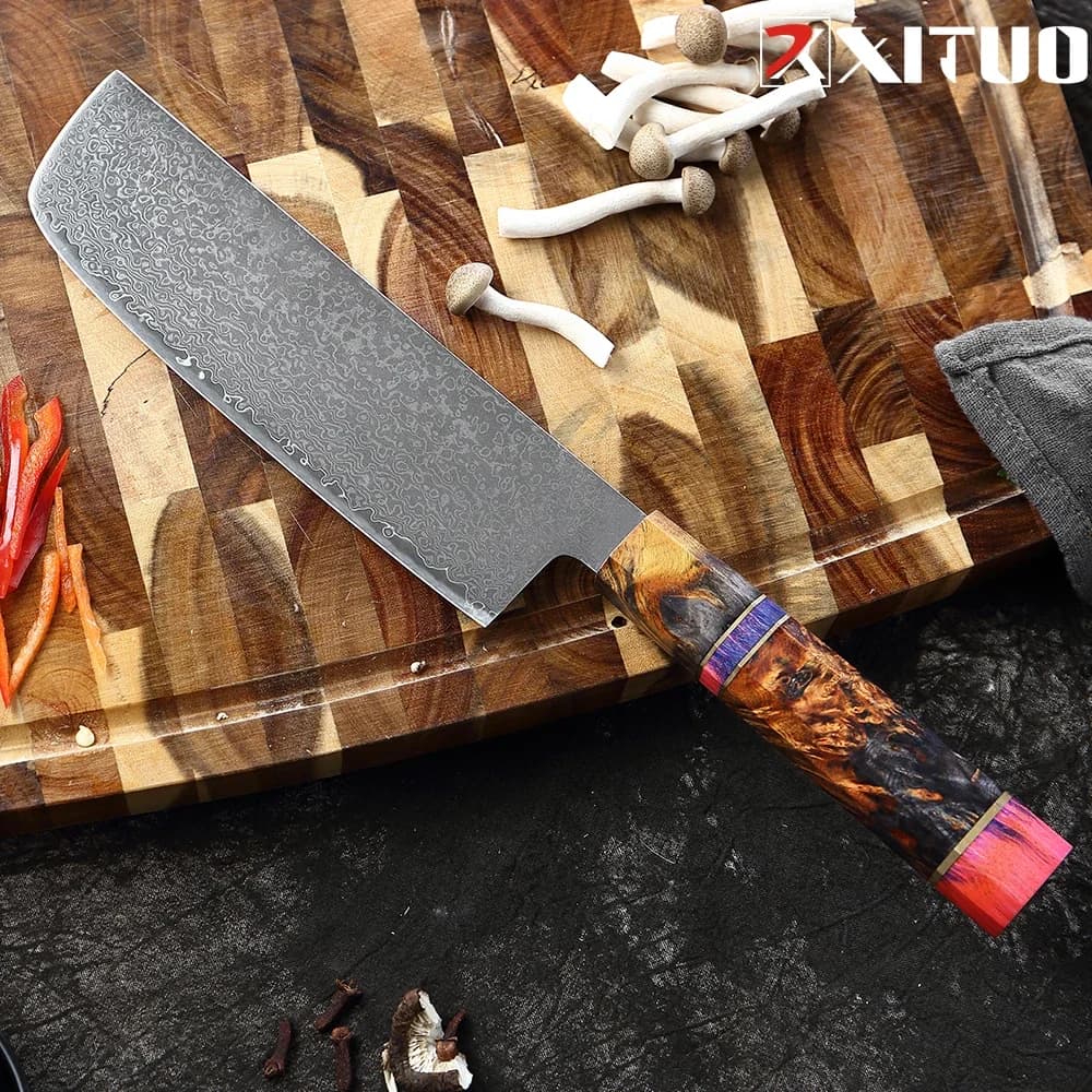 Japanese Nakiri Knife 7 inch Damascus Steel Slicing Knife Sharp Kitchen Knifes Asian Vegetable Cleaver Octagonal Wood Handle