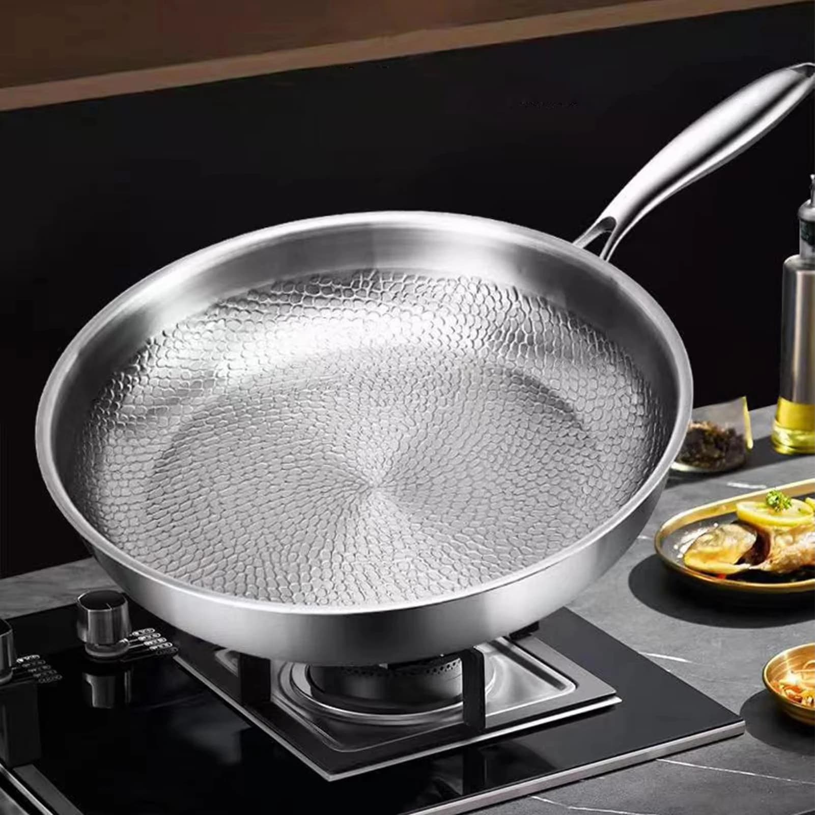 Padella in Titanio con Coperchio, Motivo a Squame di Pesce, Antiaderente Senza Rivestimento, Universale per Piastra a Induzione, Padella per Bistecche