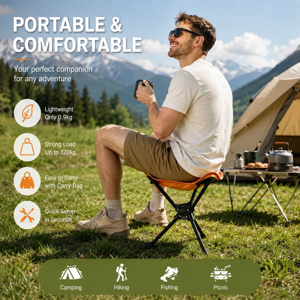 Sgabello Triangolare Pieghevole Girevole Portatile Magza per Campeggio, Picnic e Pesca, con Seduta Alta