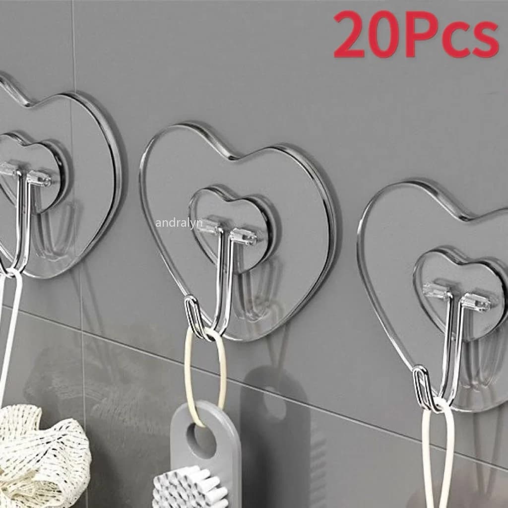 Ganci Trasparenti a Forma di Cuore, Appendiabiti in Plastica Senza Foratura, Ganci Adesivi Multiuso per Chiavi e Asciugamani, Portaoggetti