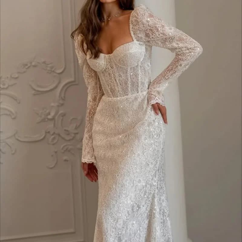 Abiti da sposa con applicazioni avorio lucido con spalle scoperte glitter a coda di pesce Coda lunga Abiti da sposa a maniche lunghe realizzati su misura