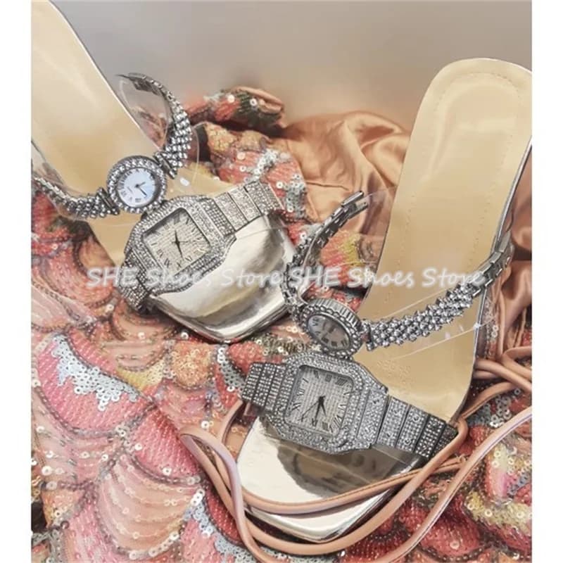 Fashion Design Rhinestone Watchband One-Strap Women Sandals Peep Toe Transparent Chunky Heel Slippers Lady Party Dress Pumps