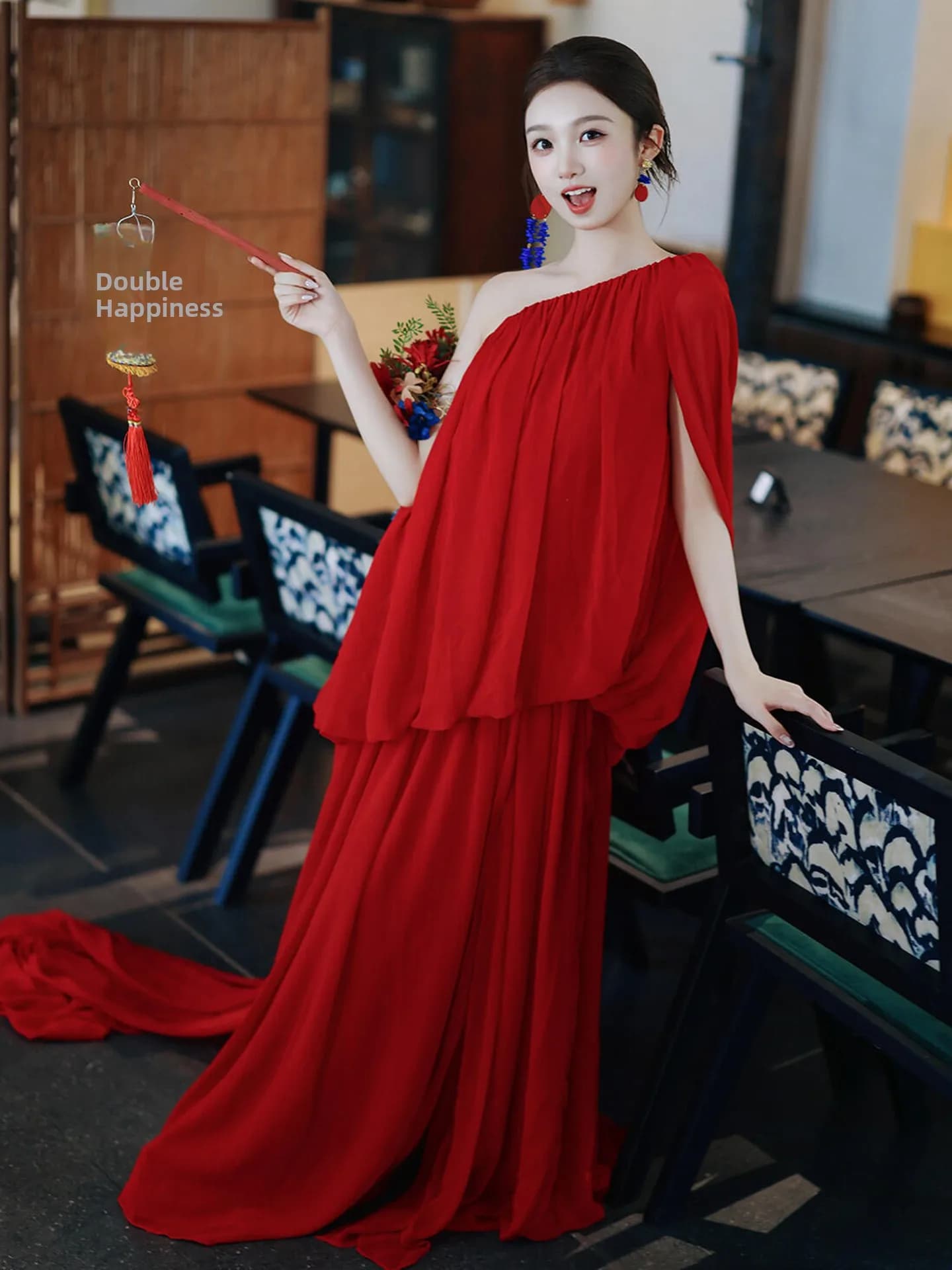 Abito da Sposa Rosso Monospalla Elegante e Semplice per Cerimonia di Fidanzamento, Abito da Sera per la Sposa, Lussuoso per il Brindisi Nuziale
