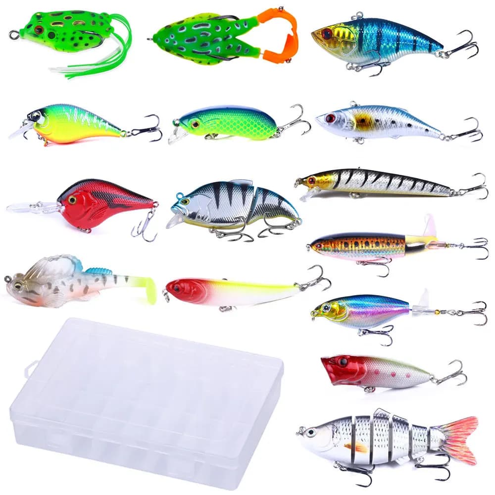 Kit di Esche da Pesca Miste, Esche Dure, Esche a Forma di Rana, Minnow, Popper, VIB, Swimbaits, Set con Scatola per Esche per Acqua Dolce e Salata, Bass e Trota