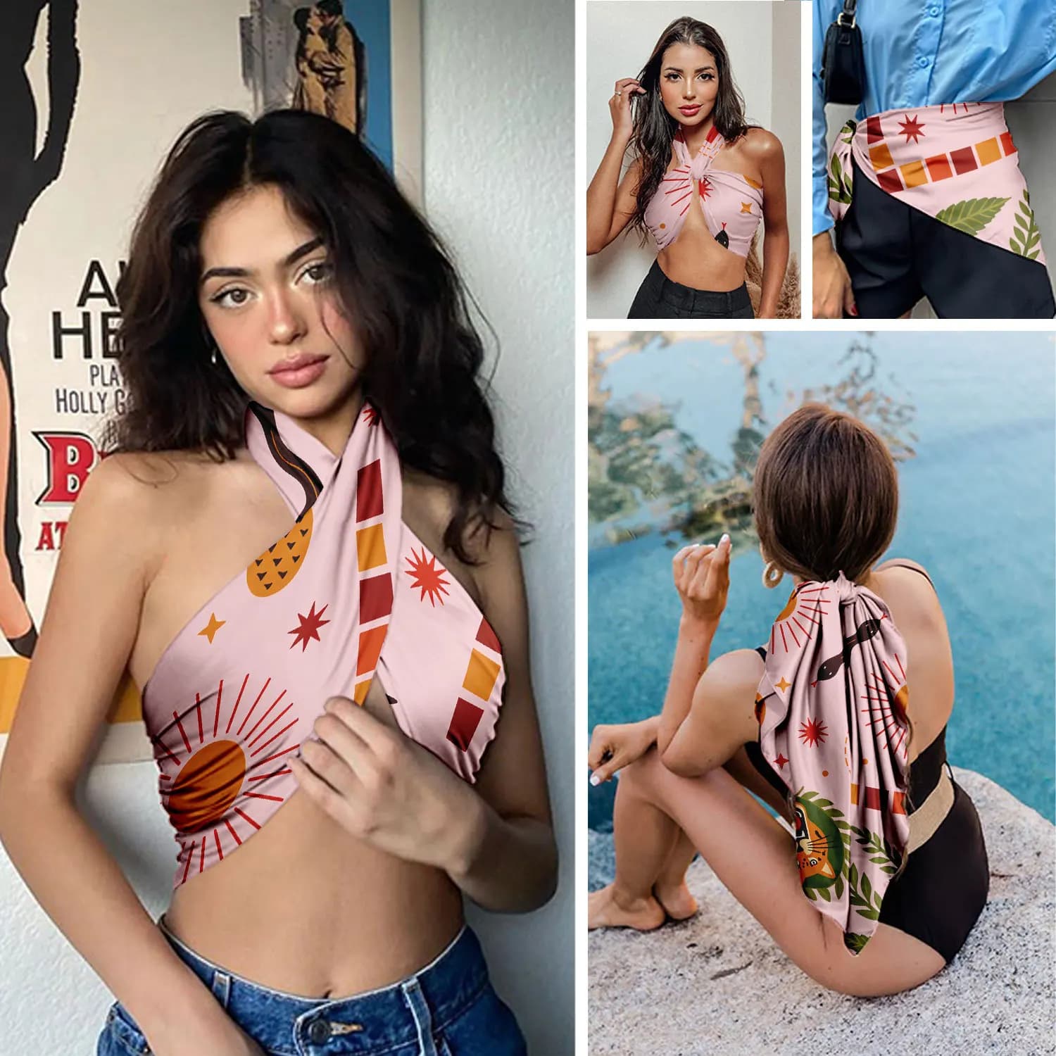 0274 women's floral satin square scarf - soft faux silk headscarf, multi-purpose neckerchief & head wrap