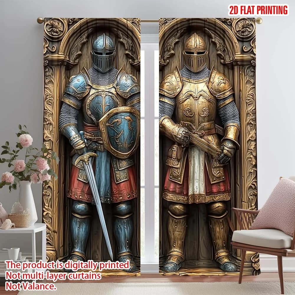 2 tende di scena con stampa piatta 2D, armatura da cavaliere medievale, stampa in poliestere senza elettricità, decorazioni per feste, perfette per