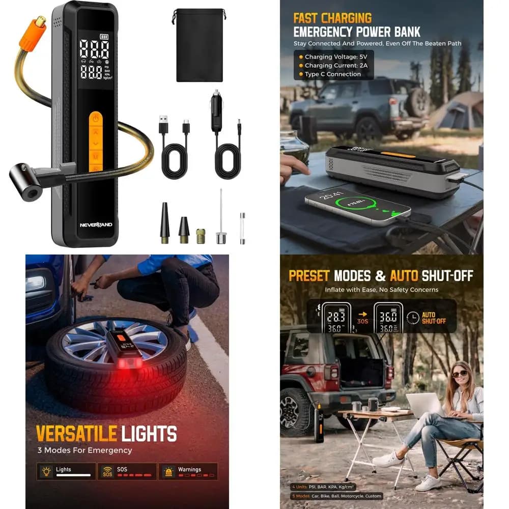 Compressore d'aria portatile a batteria ad alta capacità, pompa da 150 PSI per pneumatici per auto, bici, moto con luce LED e manometro