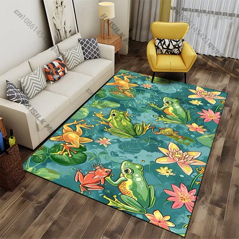 Tappeto con design vivace di fiori e rane, per yoga, soggiorno, decorazione per la stanza, tappetino per gattonare per bambini, zerbino, tappeto per giochi
