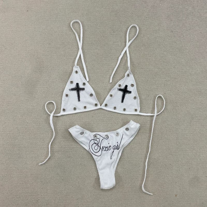 Costume da bagno bikini sexy senza maniche a due pezzi con stampa a croce e decorazioni in metallo, stile europeo americano, perfetto per le vacanze estive al mare