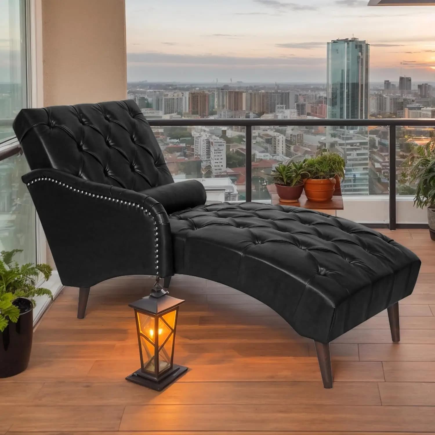 Chaise Longue da Interno con Cuscino Lombare e Gambe in Legno, Chaise Longue Imbottita in Pelle PU Trapuntata, Personalizzabile