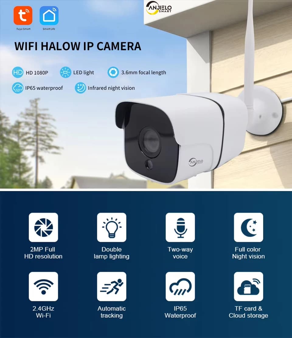 ANJIELO Telecamera IP 2MP Tuya WIFI HaLow Telecamera IP Smart Home Security Protezione 1000m Visione notturna a lunga distanza Sicurezza Wifi