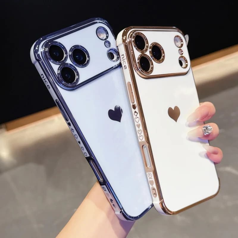 Soft Phone Case with Luxury Plating Love Heart for iPhone 17 Air 16 15 14 13 12 11 Pro Max Mini Plus Silicone Back Cover with Edge Pattern