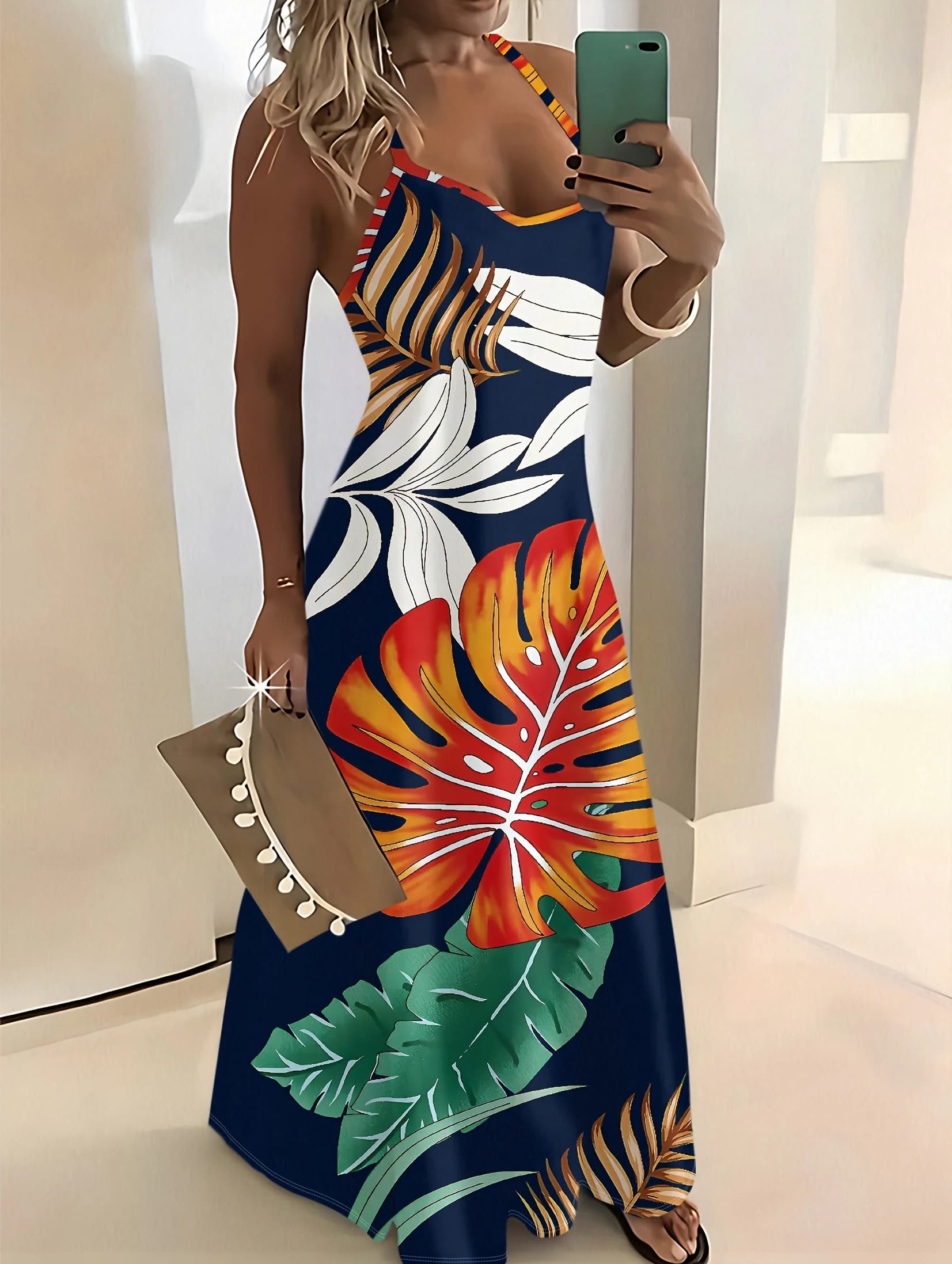 Printed Design Red Green White Tropical Leaves Navy Spaghetti Strap Maxi Dress