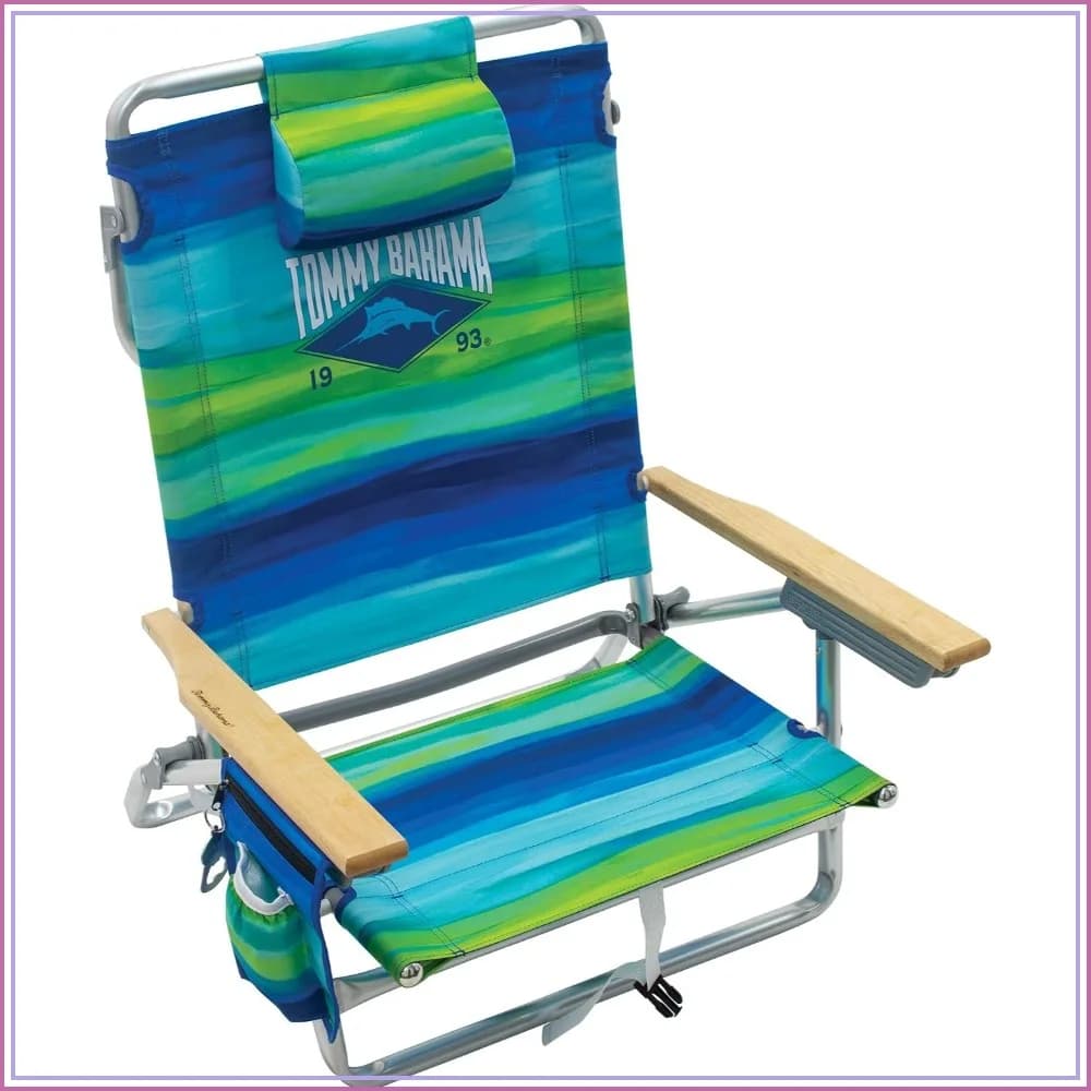 5-Position Lay Flat Backpack Beach Chair with Cooler, Towel Bar & Cup Holder, Blue/Green Stripe