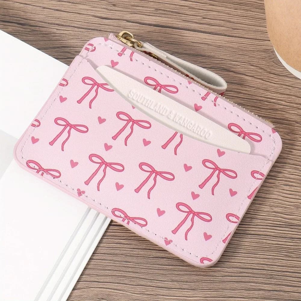 Fashion Slim PVC Card Holder with Bow, Lightweight Roomy Credit Card Case Coin Purse for Women Girls