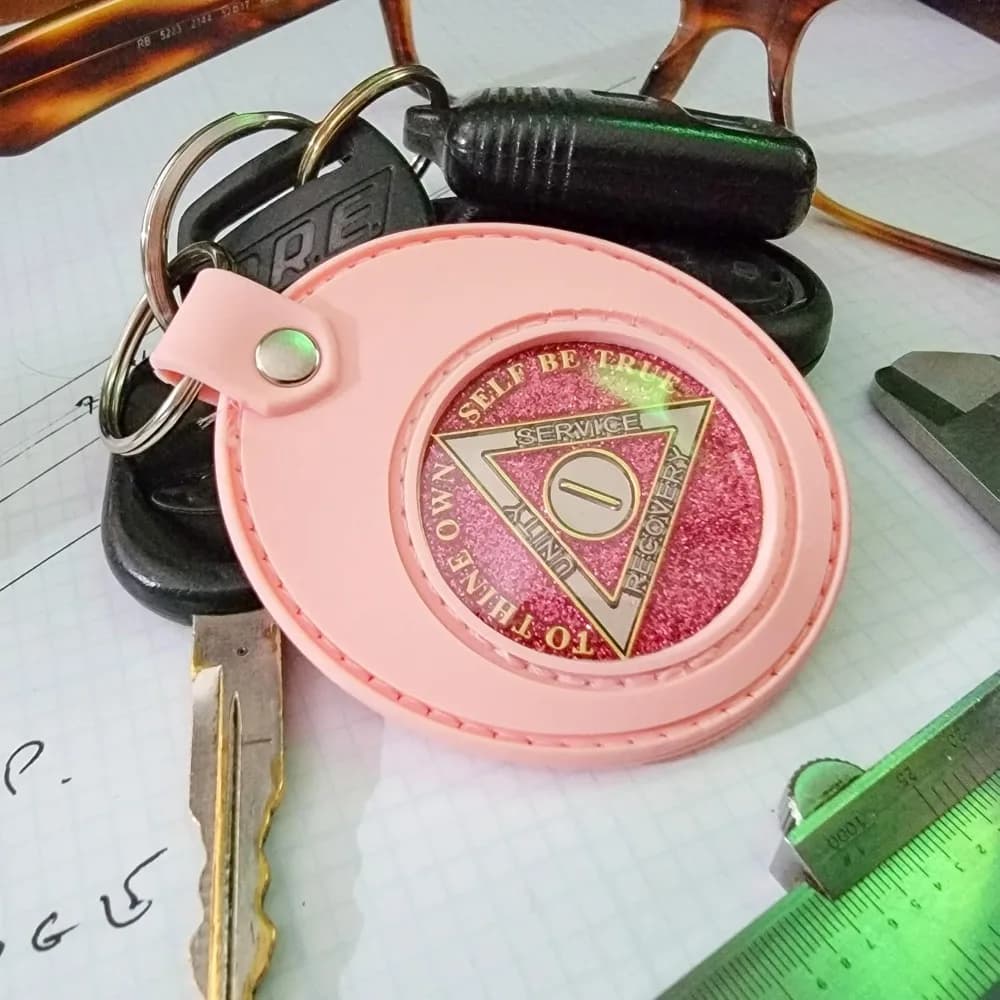 Silicone Keychain Holder for Sobriety Coins Medallions Tokens Displays Both Sides with Protective Ring Fits Airtag Waterproof Scratchproof Pink