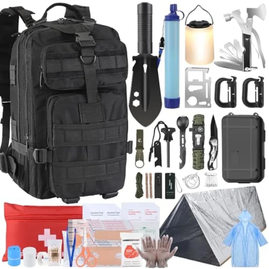 Kit di Sopravvivenza, Attrezzatura e Equipaggiamento per la Sopravvivenza 258 Pezzi con Filtro Acqua, Tenda d'Emergenza, Lanterna LED, Kit di Pronto Soccorso, 25L B