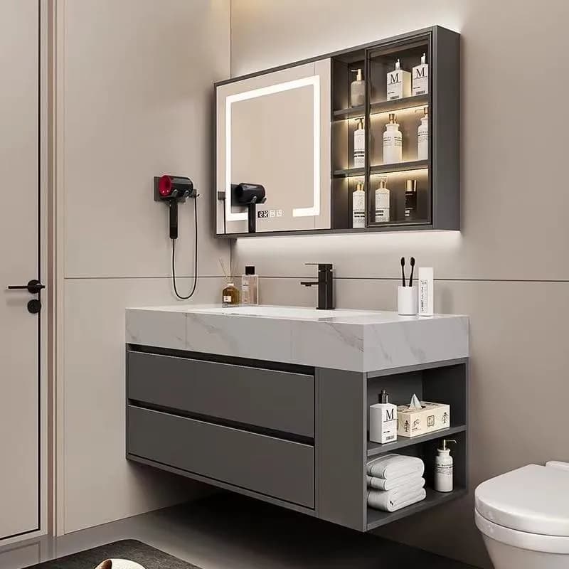 Mobiletto da bagno con lastra di roccia, organizer per lavabo integrato, specchio portaoggetti, ripiani da parete, espositore per WC, mobili alla moda