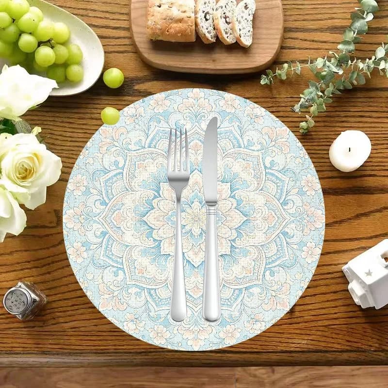 VIKAMA Light Blue Pink Mandala Floral Round Placemat, Washable Heat Resistant Boho Pastel Dining Table Decor Mat
