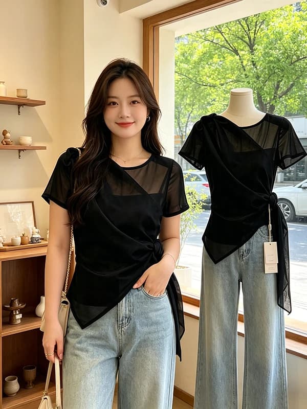 Camicia da Donna Taglie Forti Unica, Splendidamente Disegnata, Trendy con Cintura Annodata, Stile Francese, Traspirante e Delicata sulla Pelle, Estate 2026