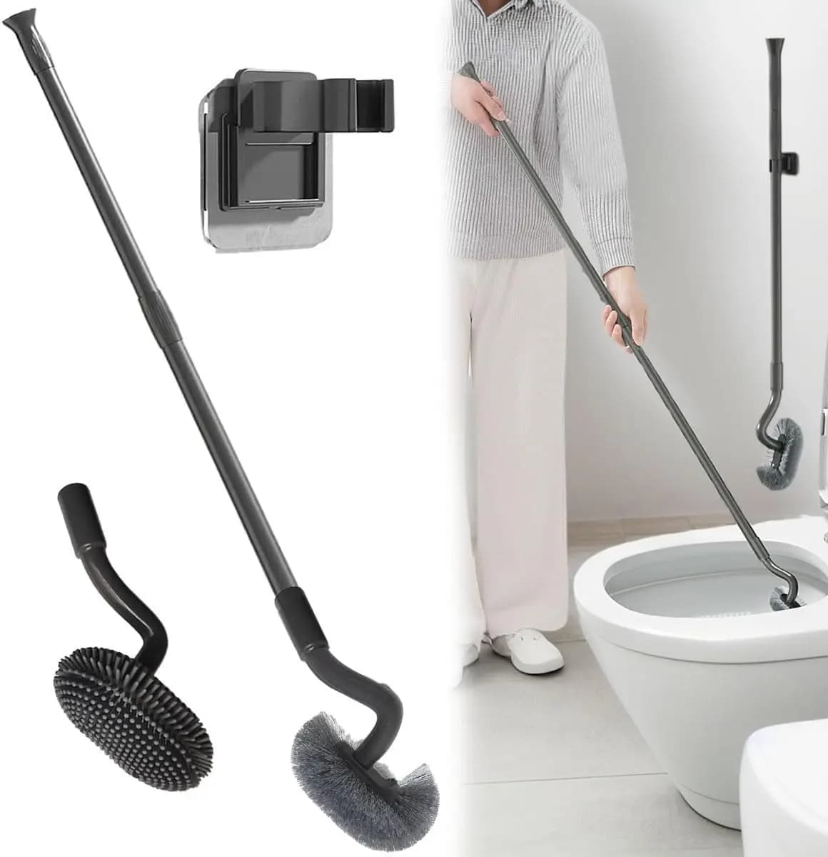 Set di Spazzole per WC a Parete con Manico Lungo, Supporto e 2 Testine in Silicone e Setole Rigide