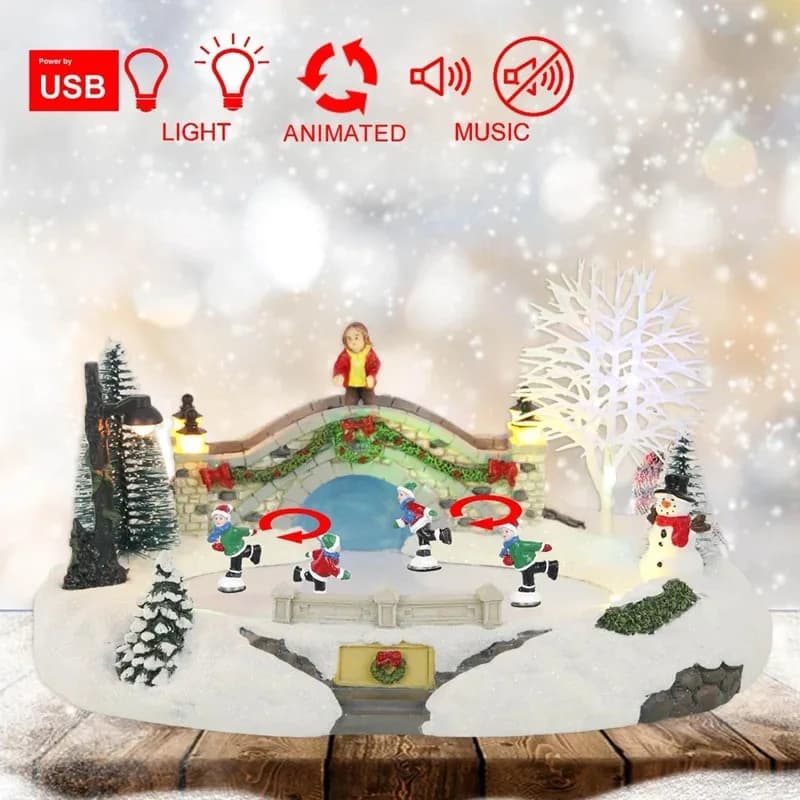 Collezione di scene di pattinaggio di villaggio di Natale animato Figurine di costruzione Luci Pattinaggio su ghiaccio Pattinaggio su ghiaccio Accessorio decorativo USB musicale